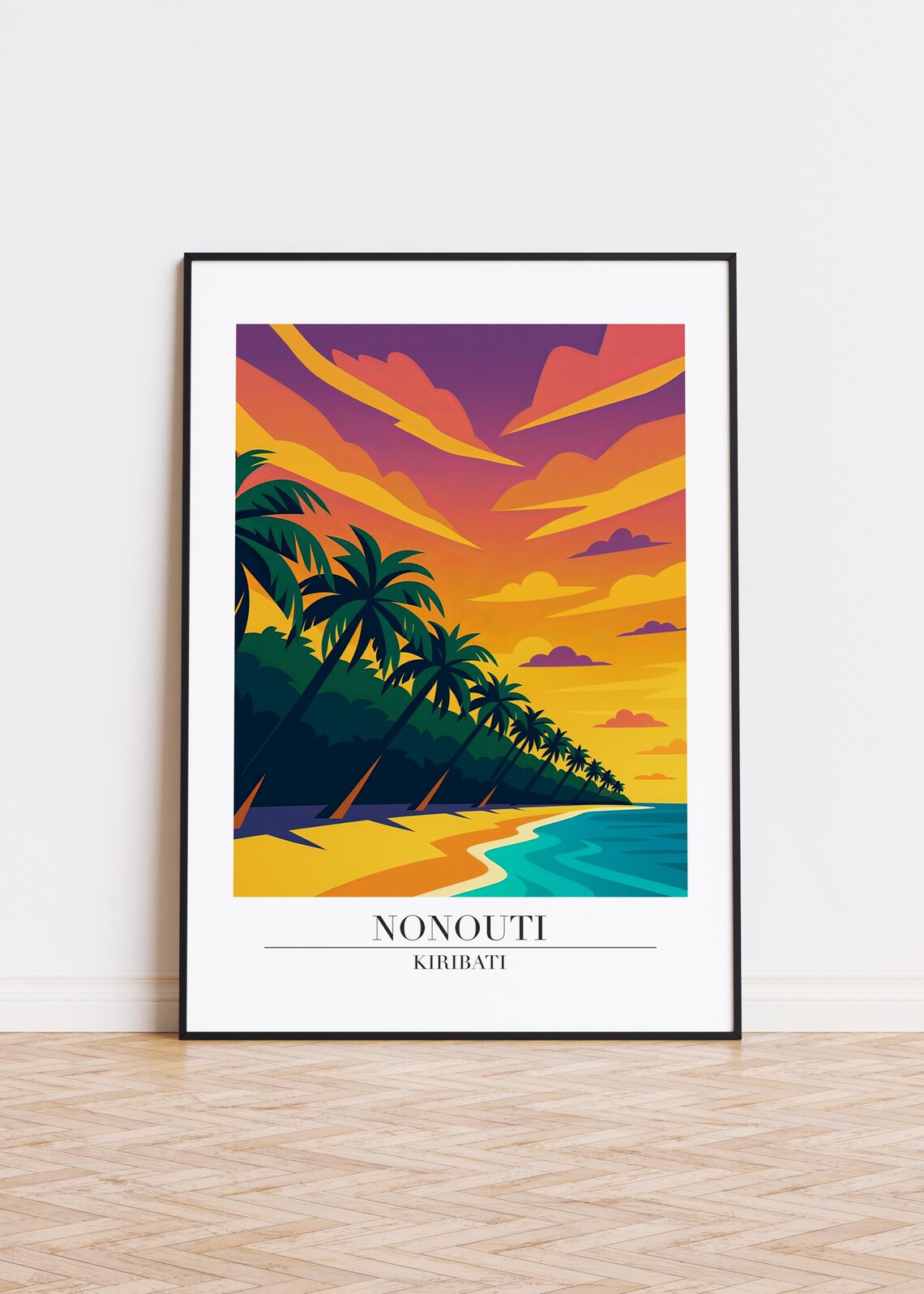 Nonouti Kiribati Sunset Palm Beach Illustrated Vintage Travel Poster
