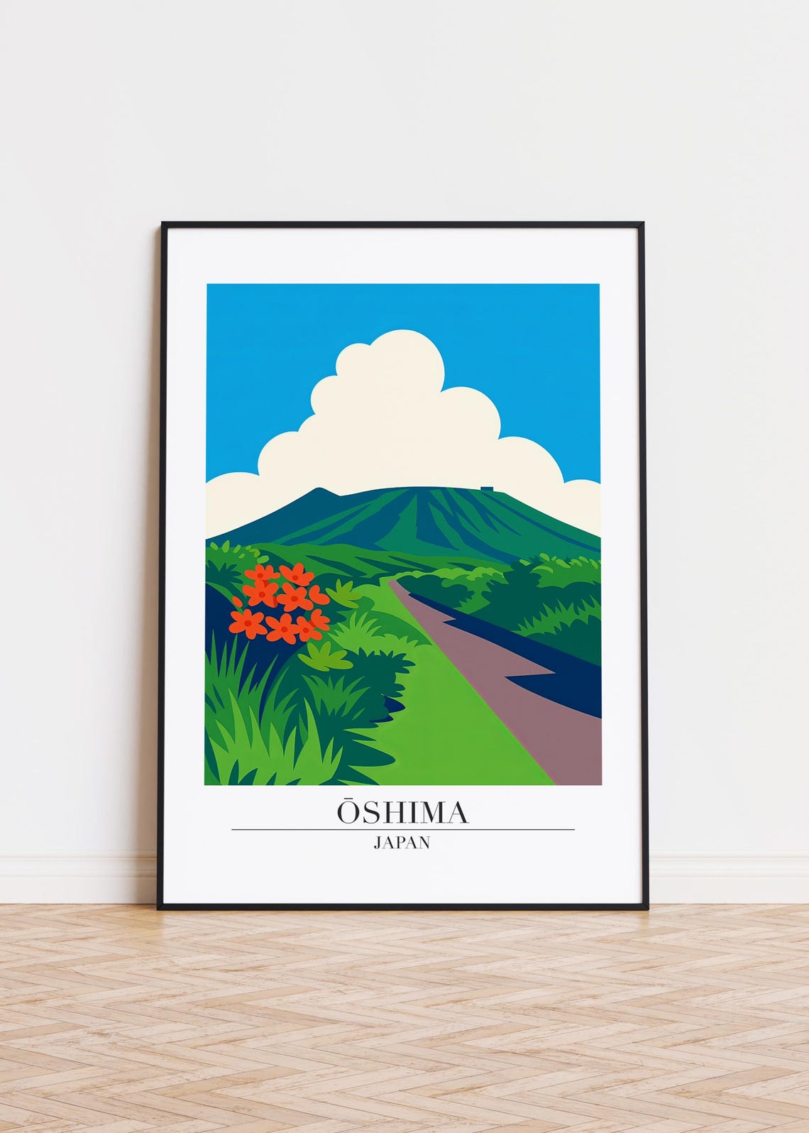 Ōshima Japan Volcano Hillside Road Red Flowers Modern Travel Poster