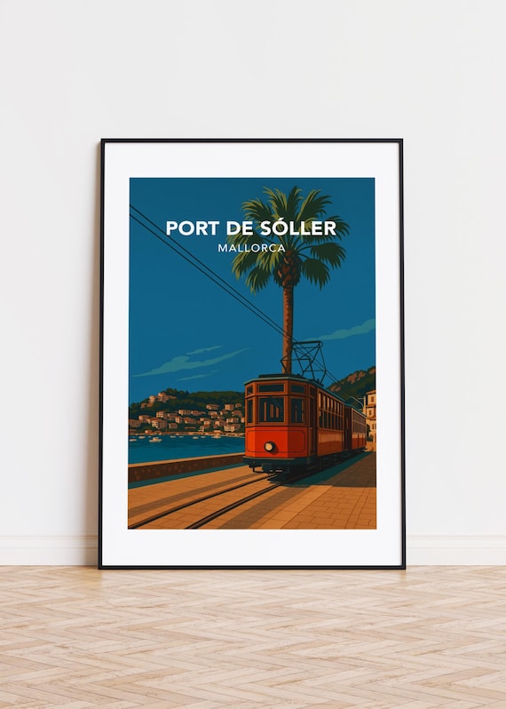 Port de Soller Mallorca Vintage Tram Palm Harbor Retro Travel Art Poster
