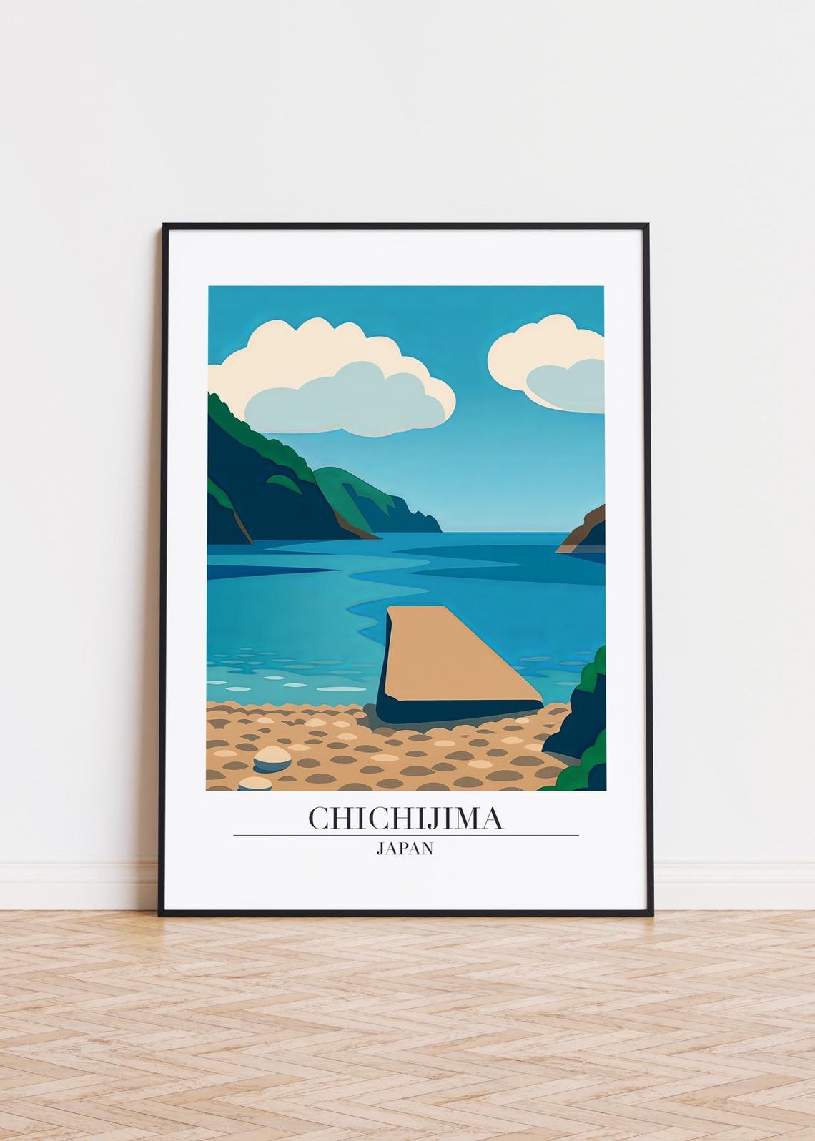 Chichijima Japan Pebble Beach Rock Modern Seaside Illustration Poster