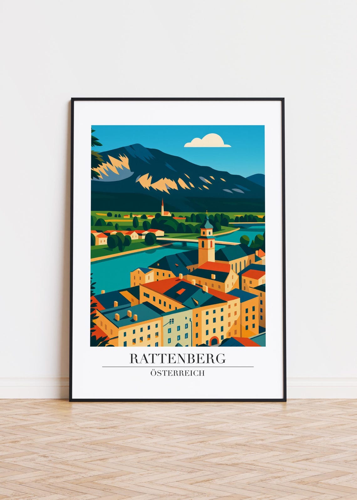 Rattenberg Austria Riverside Town Mountain Backdrop Modern Art Print