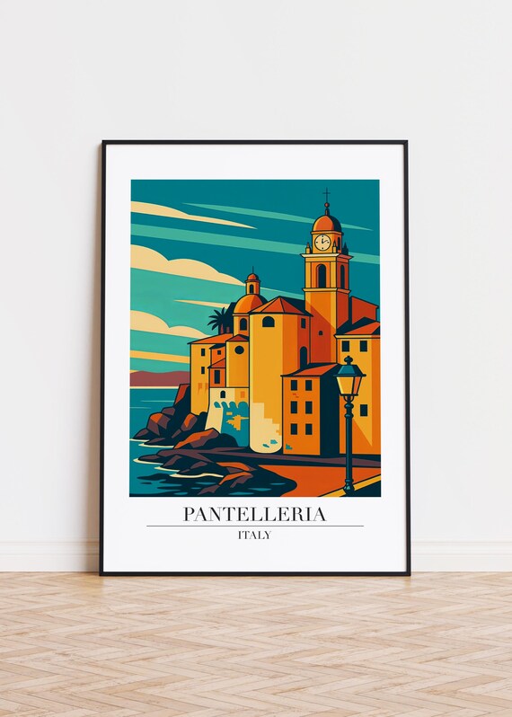 Pantelleria Italy Church Clock Tower Coastal Sunset Travel Poster