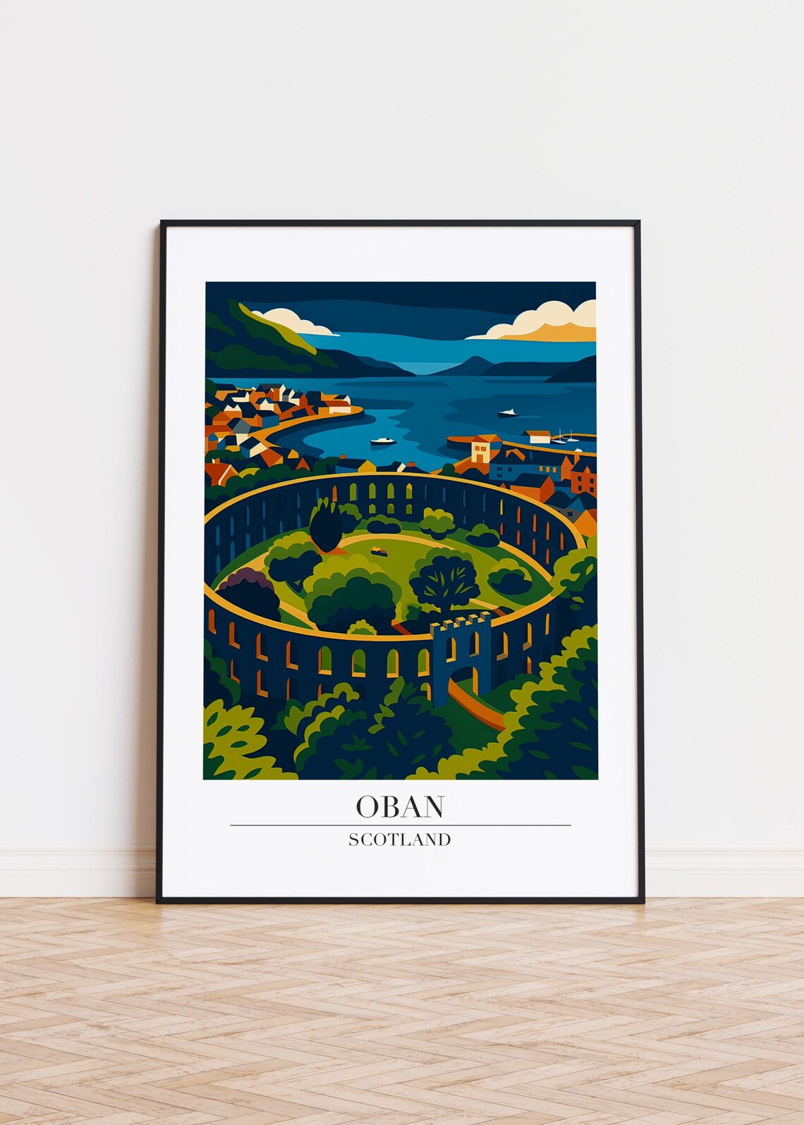 Oban Scotland McCaigs Tower Bay View Travel Illustration Poster