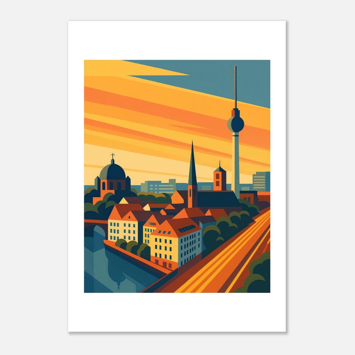 Berlin Germany Skyline Sunset TV Tower Vintage Travel Poster