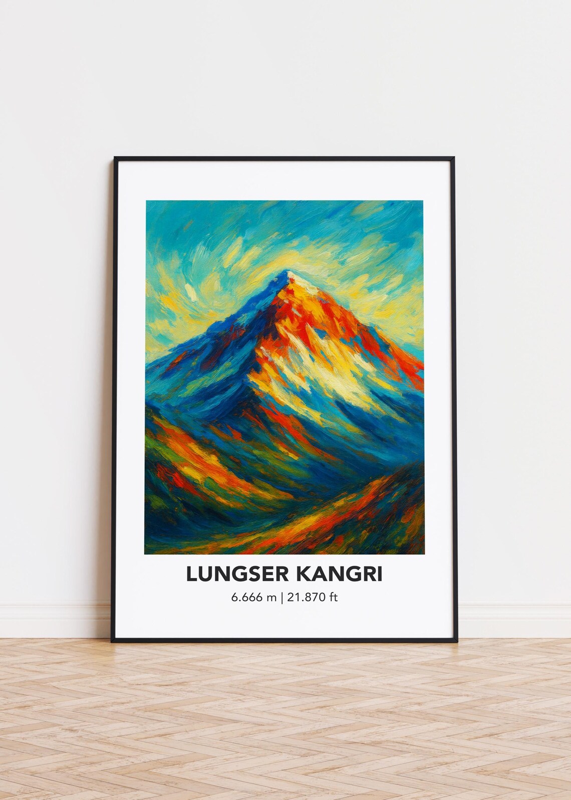 Lungser Kangri Peak Vibrant Oil Painting Style Mountain Poster