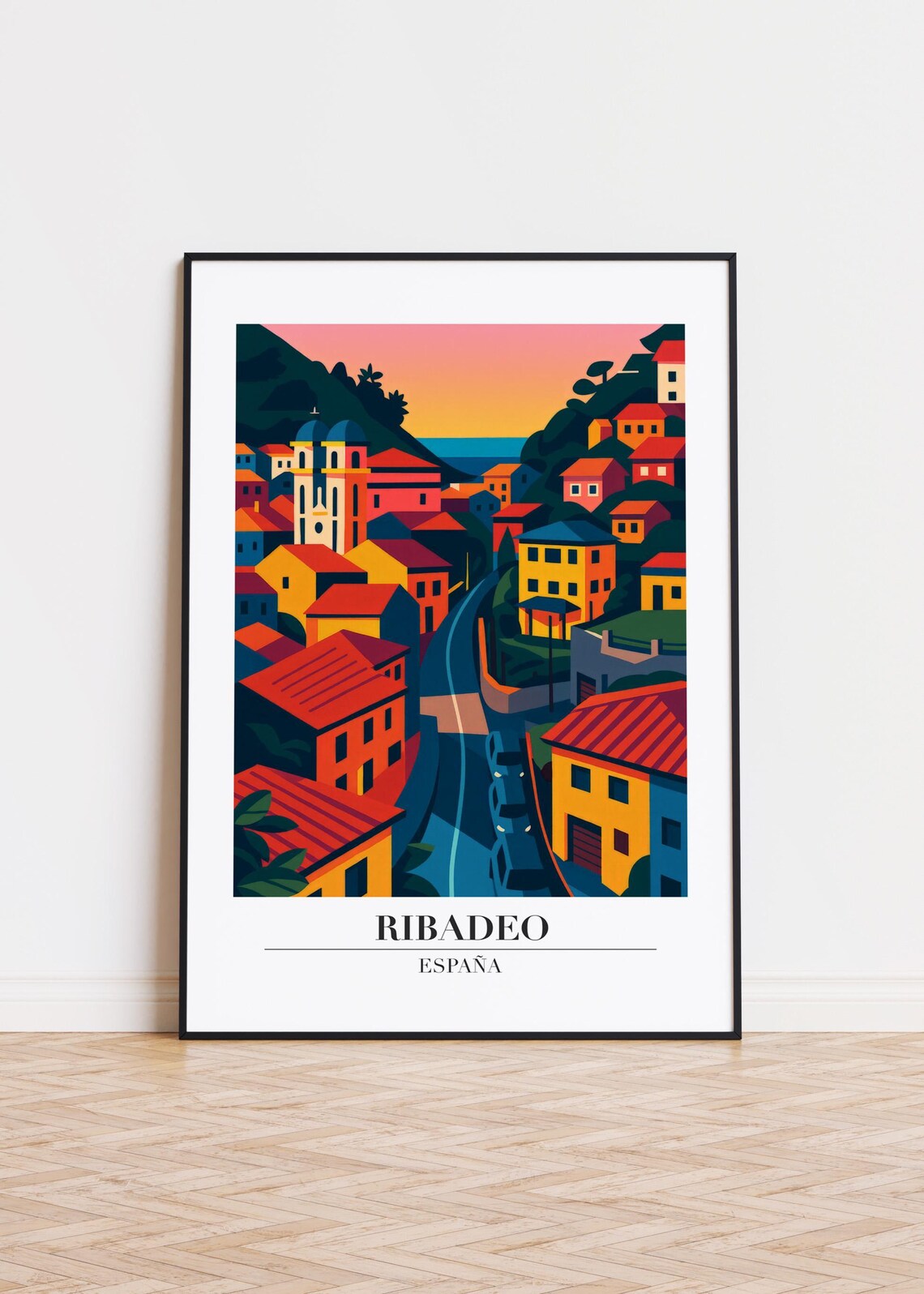 Ribadeo Spain Colorful Hillside Town Sunset Coastal Travel Poster