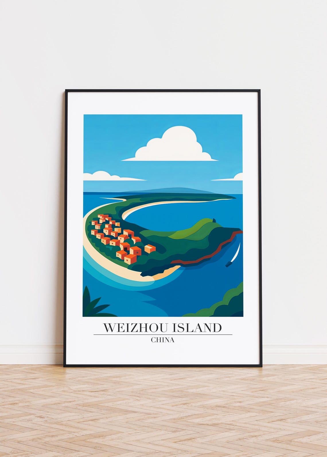 Weizhou Island China Curved Beach Coastal Travel Illustration Poster