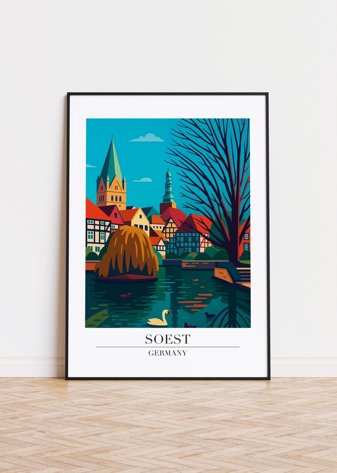 Soest Germany Riverside Churches Half Timbered Town Travel Poster