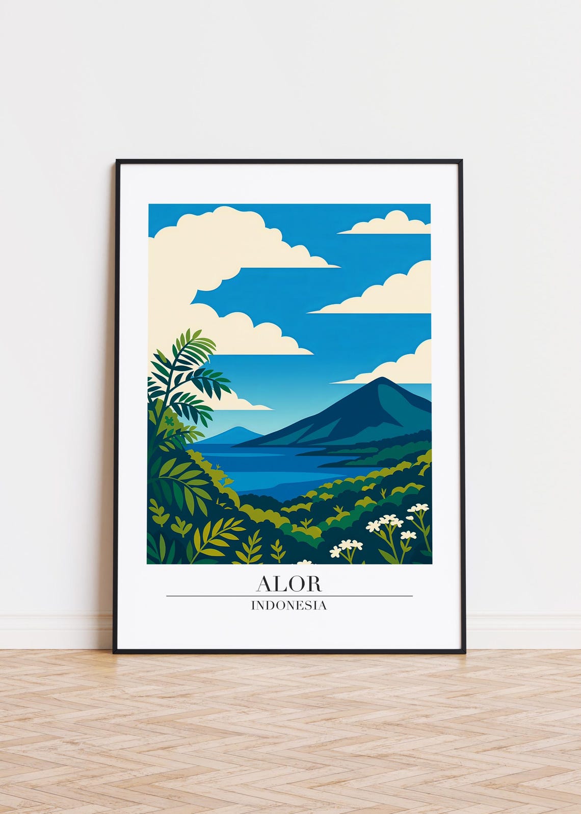 Alor Indonesia Volcano Over Tropical Bay Illustration Poster