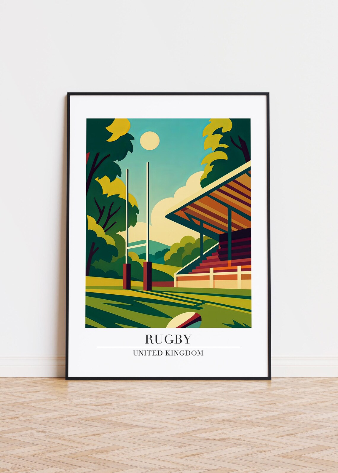 Rugby United Kingdom Sunlit Rugby Field Retro Travel Art Poster
