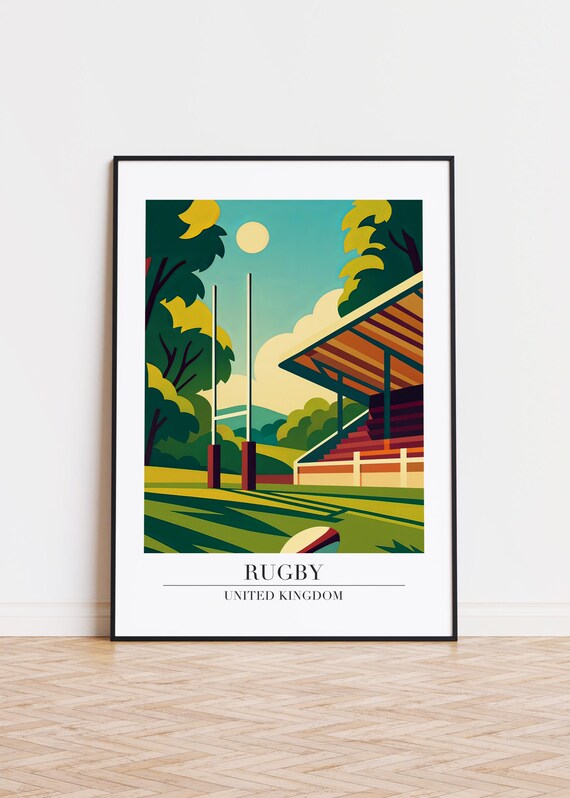 Rugby United Kingdom Sunlit Rugby Field Retro Travel Art Poster
