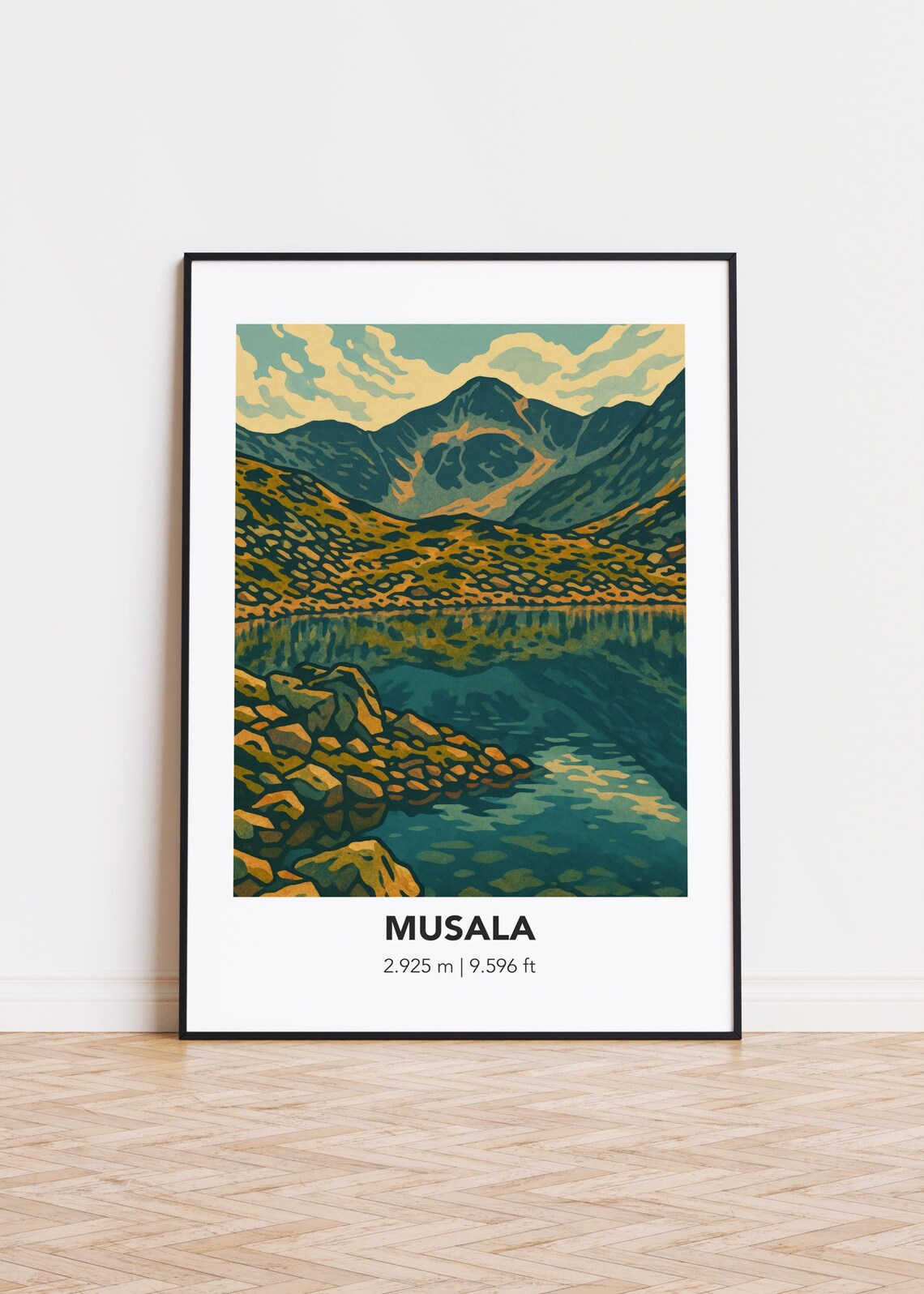 Musala Peak Bulgaria Alpine Lake Retro Woodcut Mountain Poster