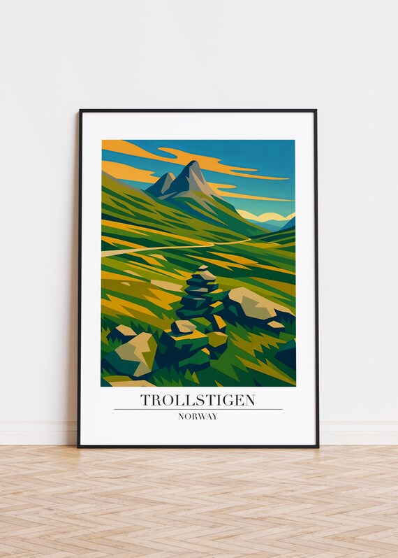 Trollstigen Norway Green Valley Rocky Peak Landscape Art Poster