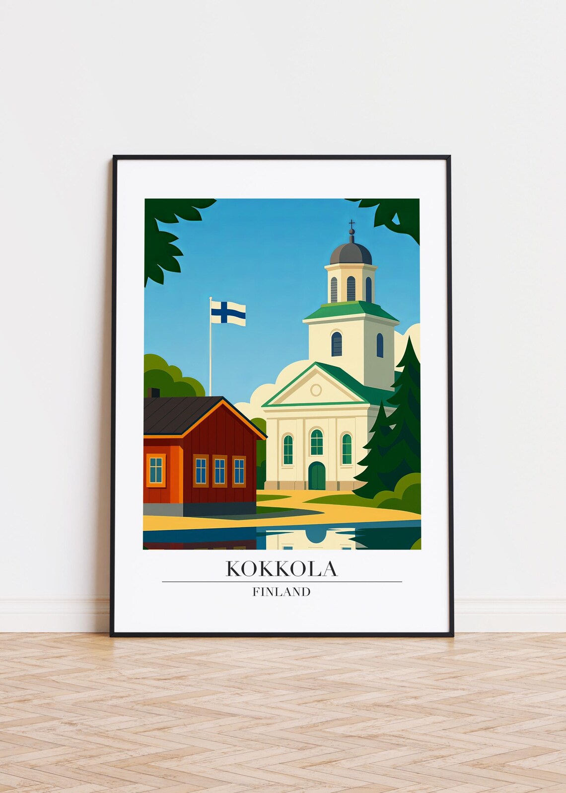 Classic Kokkola Finland White Church Finnish Flag Travel Wall Art