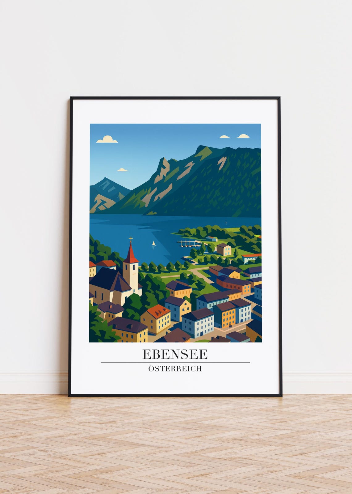Ebensee Austria Mountain Lake Village Church Modern Illustration Print