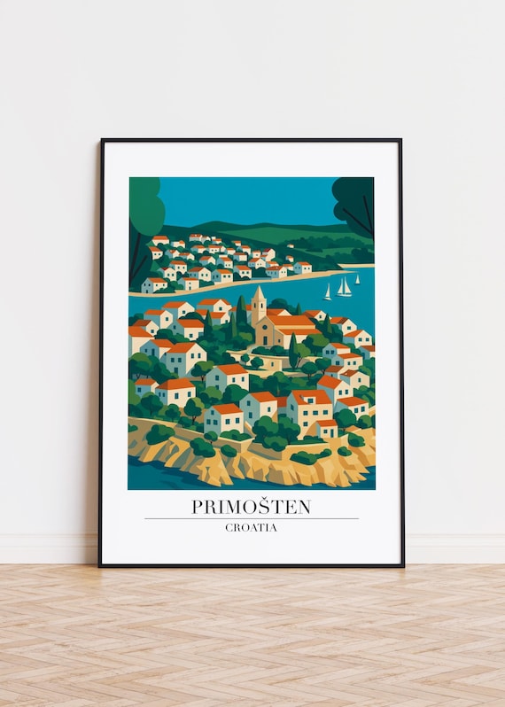 Primosten Croatia Cliffside Old Town Sailboats Modern Travel Poster