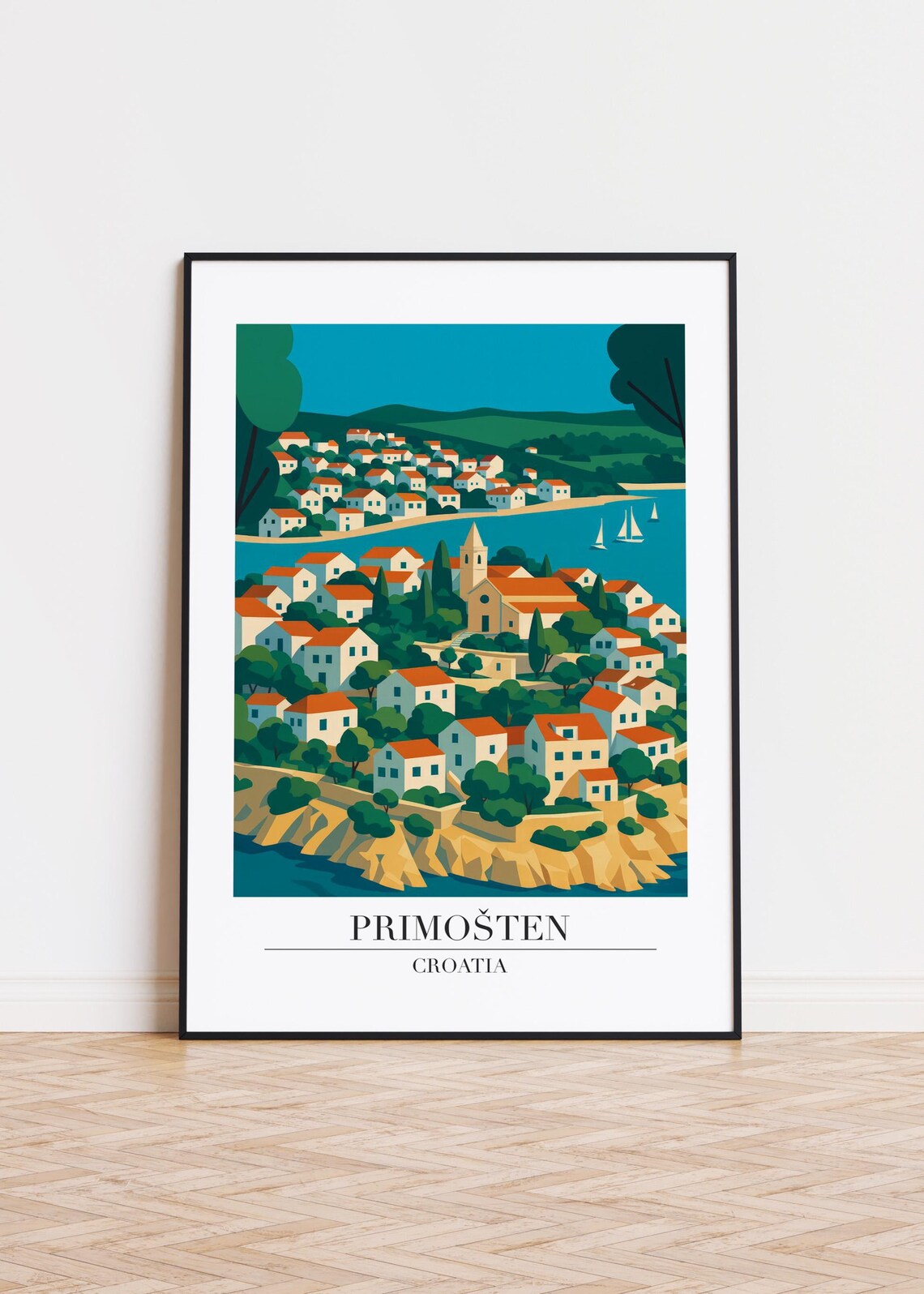 Primosten Croatia Cliffside Old Town Sailboats Modern Travel Poster