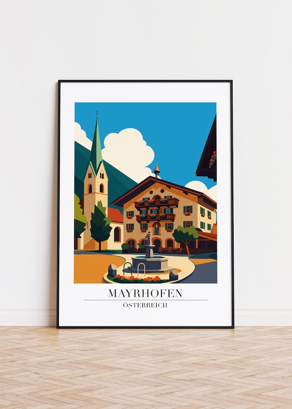 Mayrhofen Austria Travel Poster Village Square Illustration Wall Decor Gift