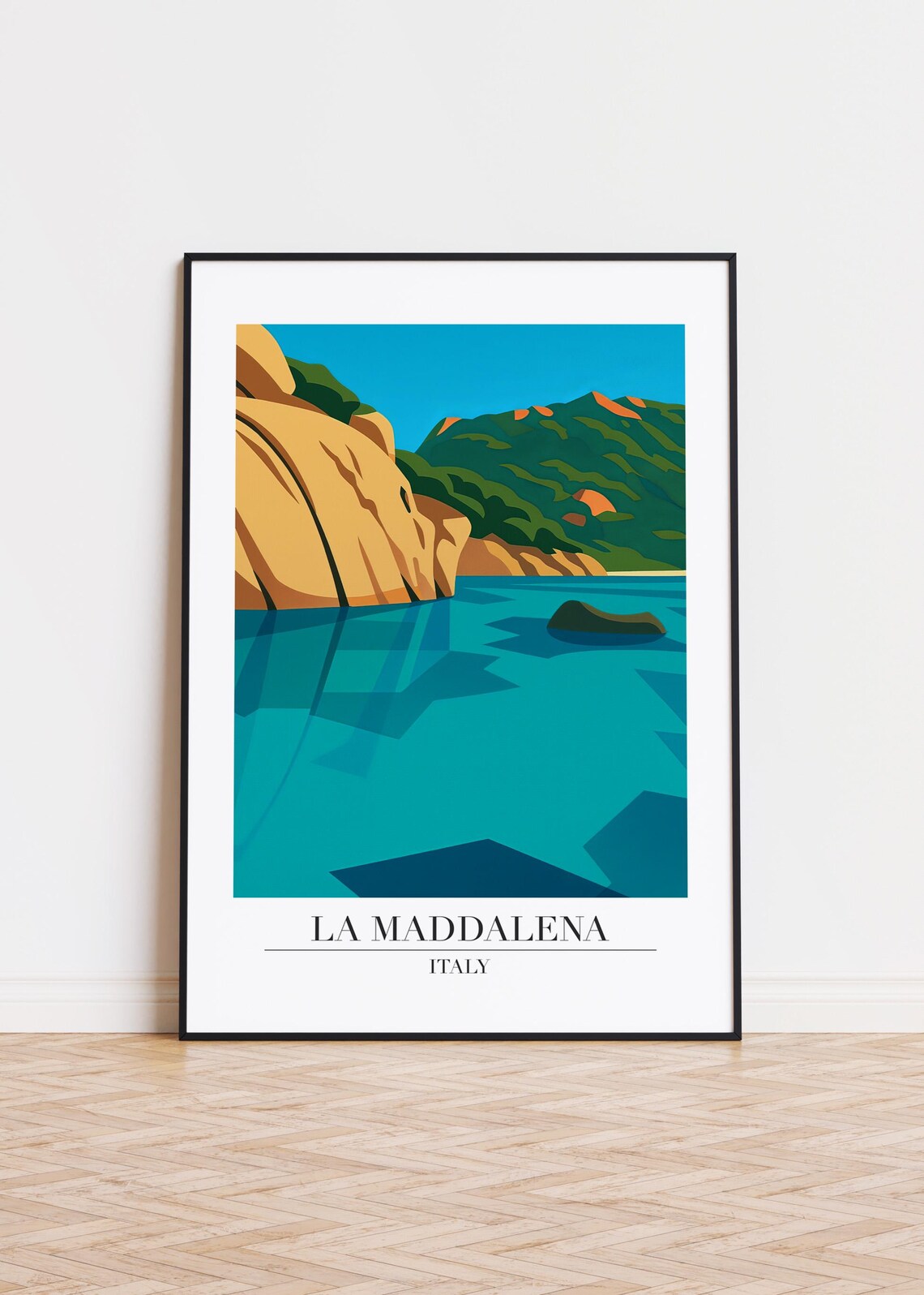 La Maddalena Italy Travel Poster Turquoise Cove and Rocky Shore