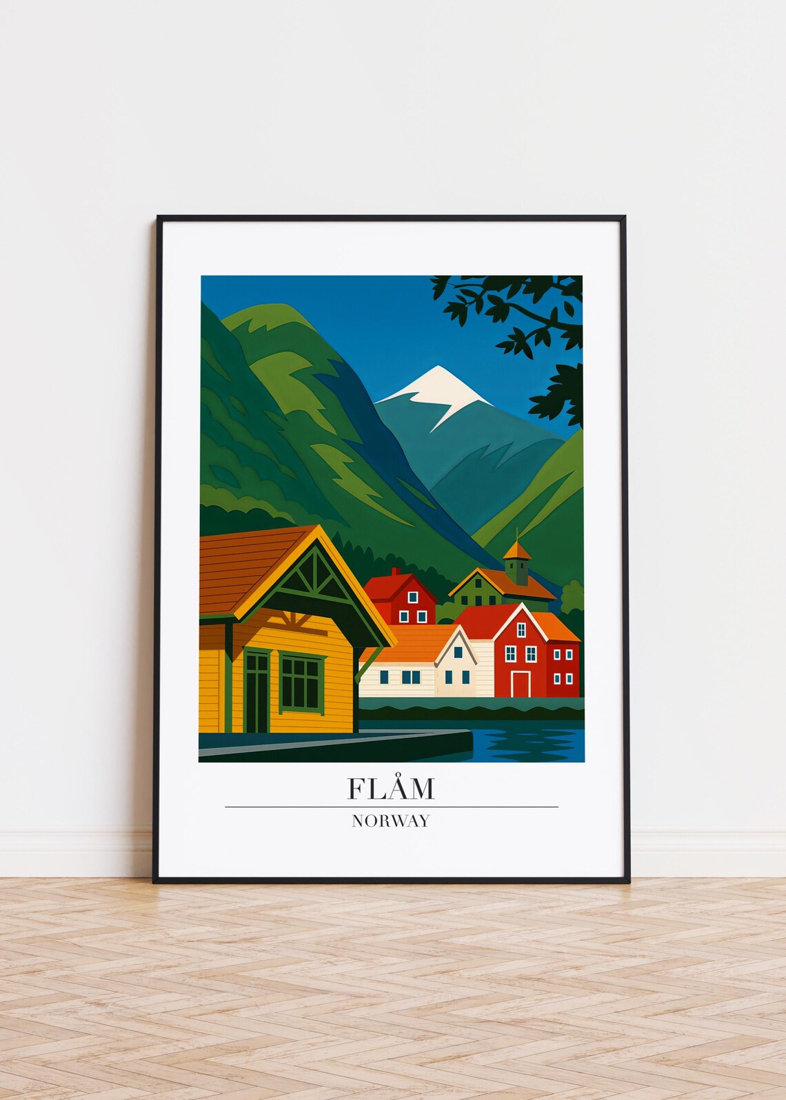 Flåm Norway Fjord Village Colorful Houses Mountain Travel Poster
