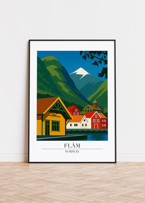 Flåm Norway Fjord Village Colorful Houses Mountain Travel Poster