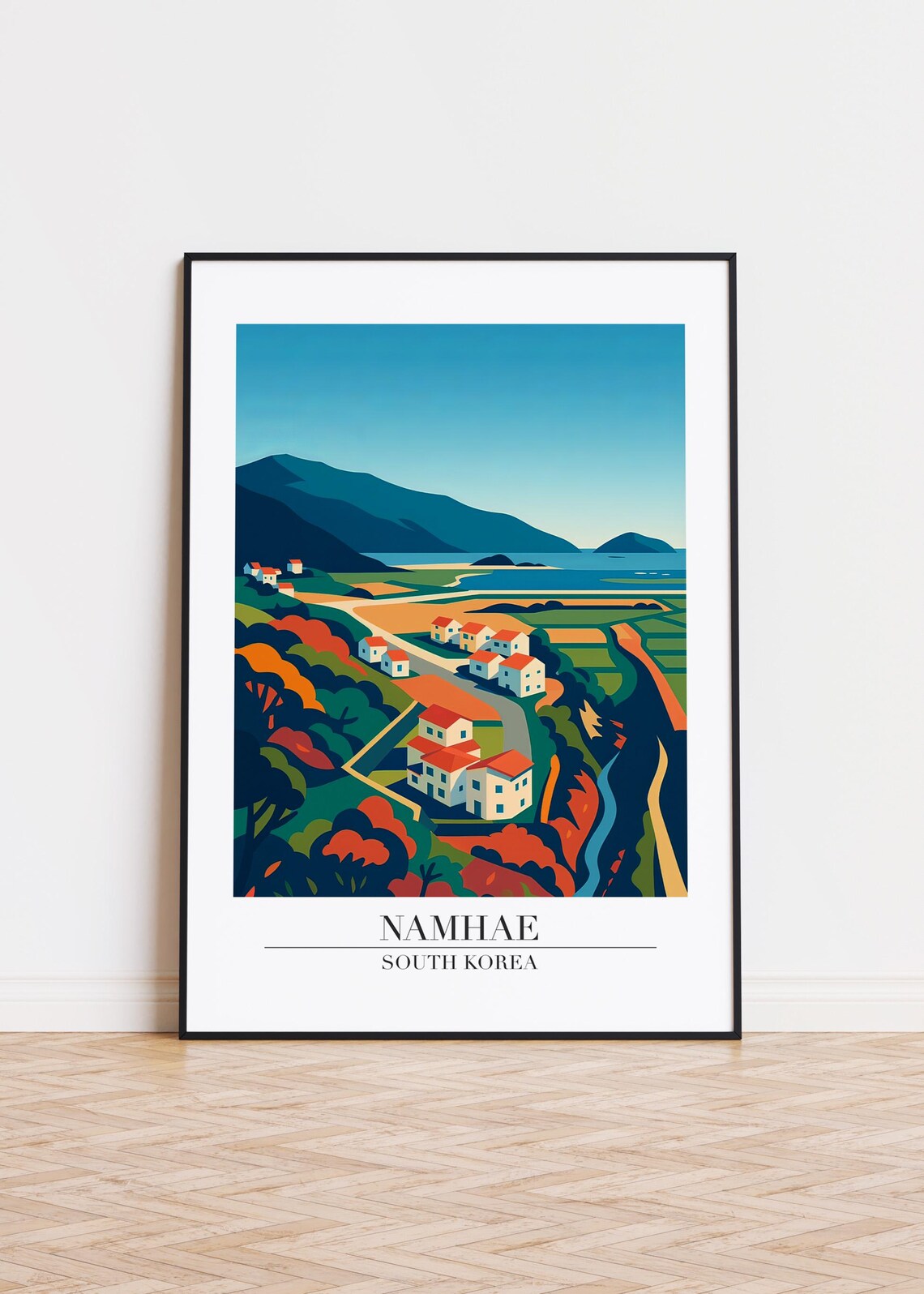 Namhae South Korea Coastal Village Red Roofs Hills Travel Poster