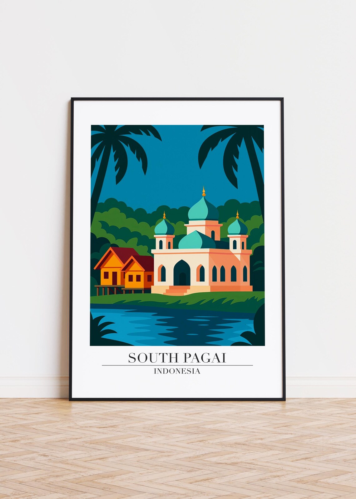 South Pagai Indonesia Mosque Riverside Tropical Travel Art Poster