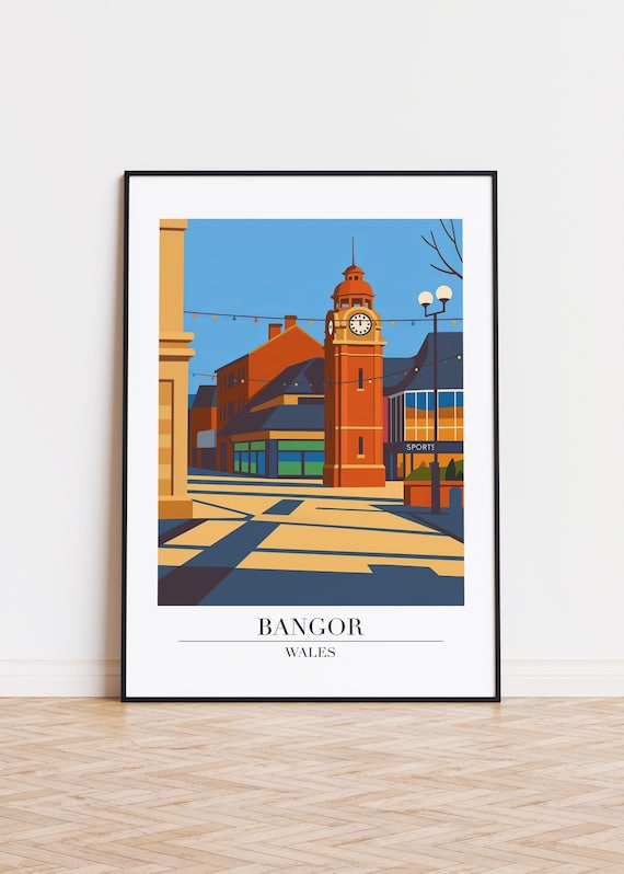 Bangor Wales Clock Tower Modern Travel Illustration Art Poster
