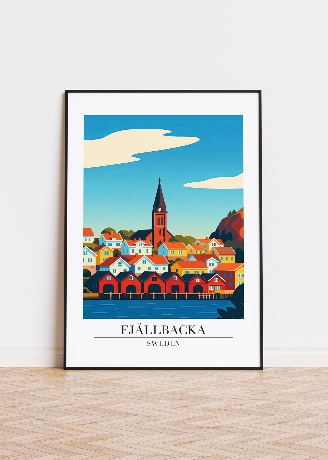 Fjällbacka Sweden Travel Poster Colorful Fishing Village Church Art