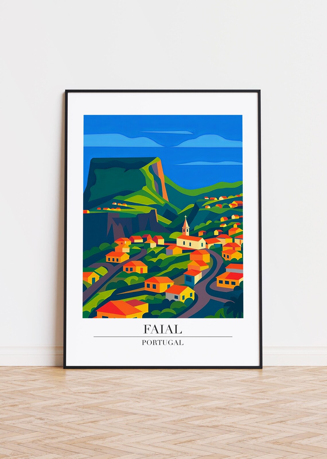 Faial Portugal Colorful Village Green Mountain Church Travel Poster