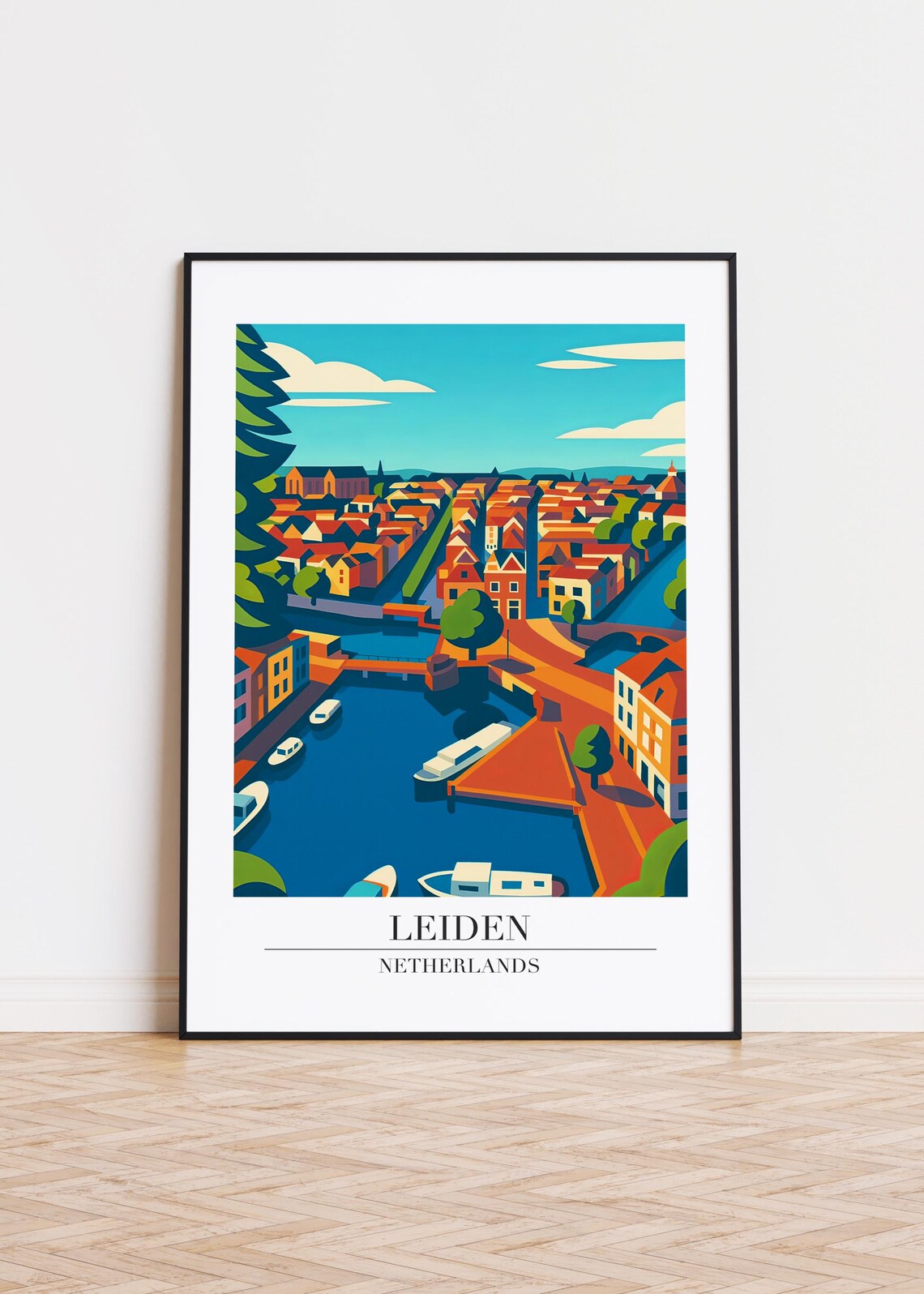Leiden Netherlands Aerial Canal City View Modern Travel Art Poster