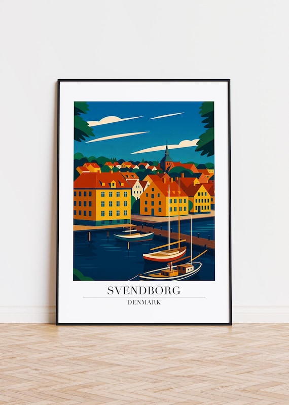 Svendborg Denmark Harbor Sailboats Yellow Houses Vintage Travel Poster