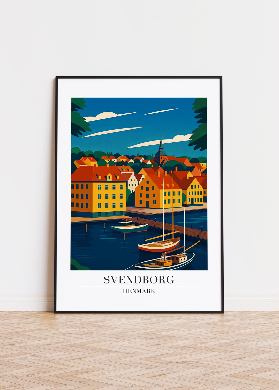 Svendborg Denmark Harbor Sailboats Yellow Houses Vintage Travel Poster