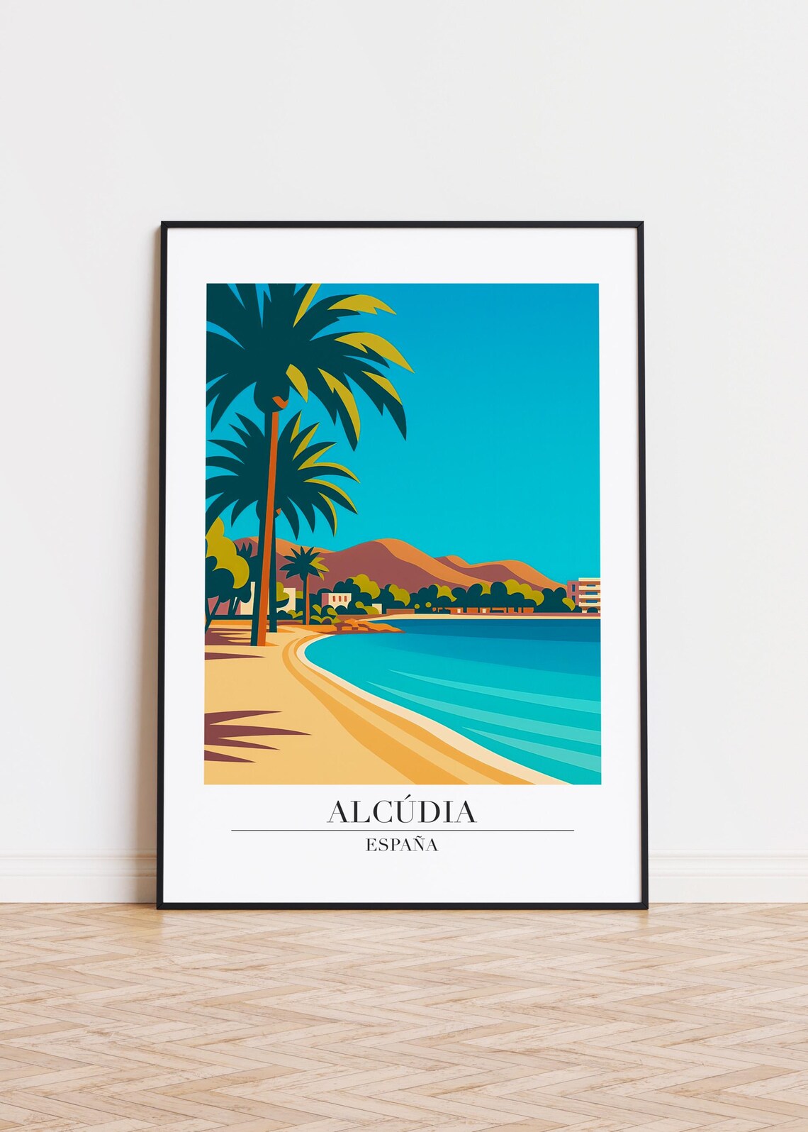 Alcúdia Spain Palm Beach Turquoise Bay Retro Travel Poster Artwork