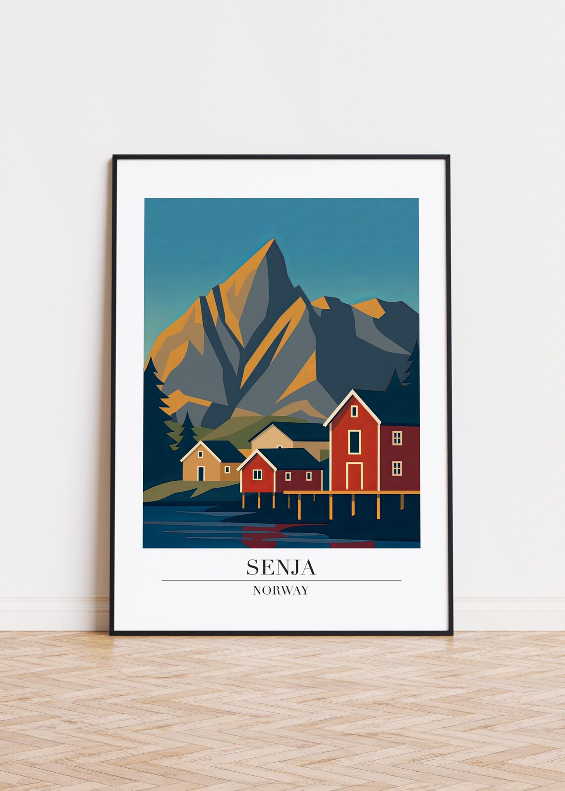 Senja Norway Arctic Mountain Village Red Cabins Travel Poster