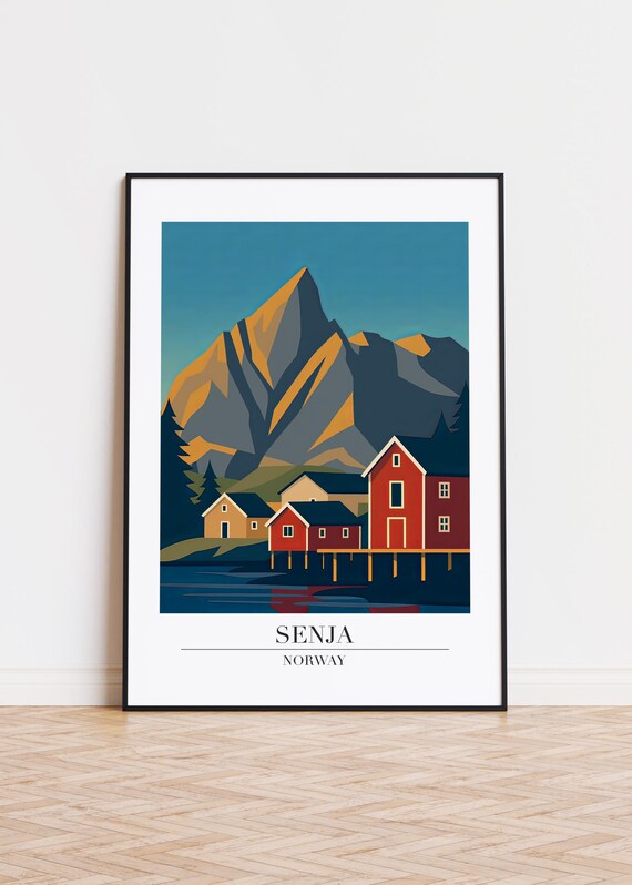 Senja Norway Arctic Mountain Village Red Cabins Travel Poster