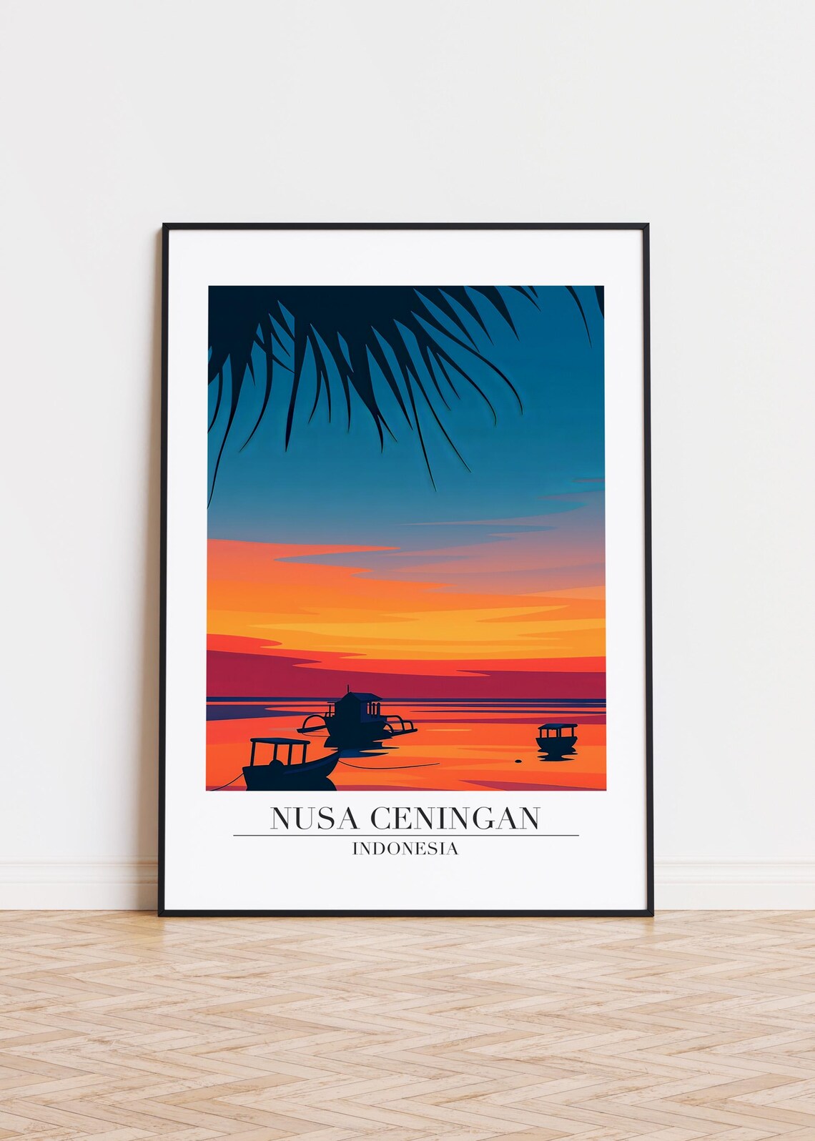 Nusa Ceningan Indonesia Orange Sunset Boats Palm Fronds Poster