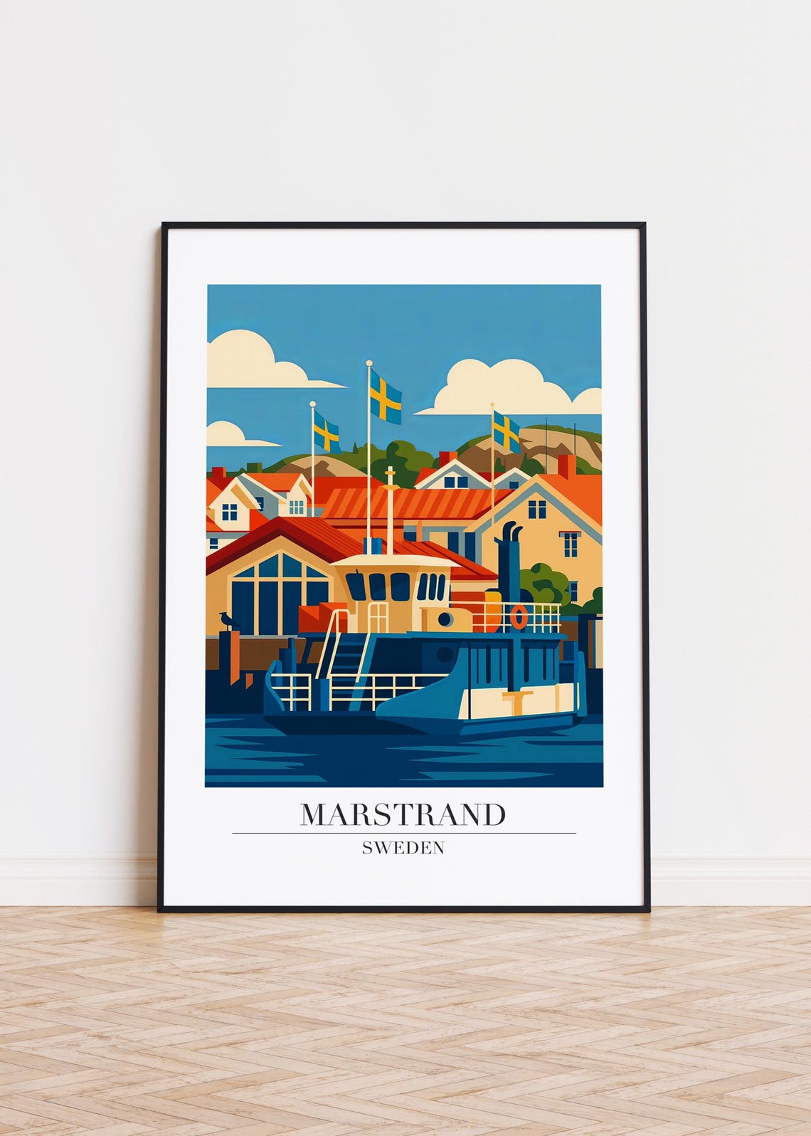 Marstrand Sweden Harbor Ferry and Colorful Waterfront Poster