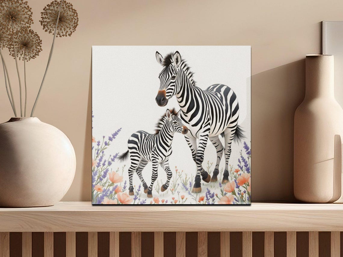 Zebra Mother and Baby Zebra in Wildflowers Watercolor Art Poster - Image 2