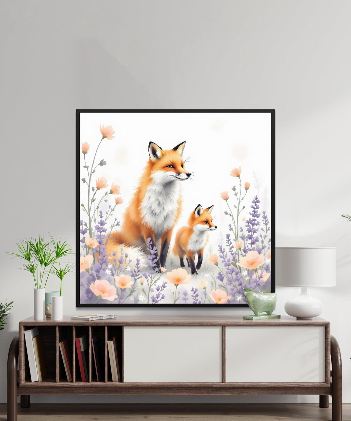 Mother Fox and Baby Fox in Wildflowers Watercolor Animal Art Poster - Image 2