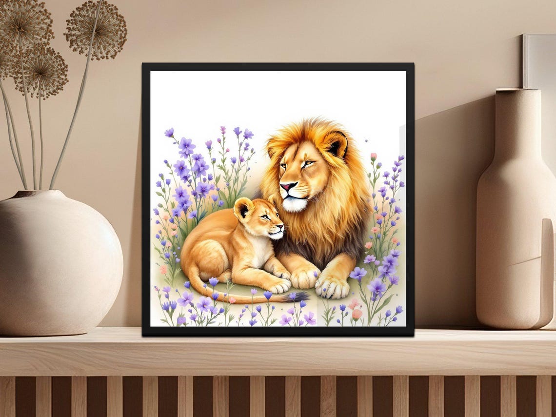 Lion and Cub Resting in Lavender Watercolor Nursery Animal Poster - Image 3