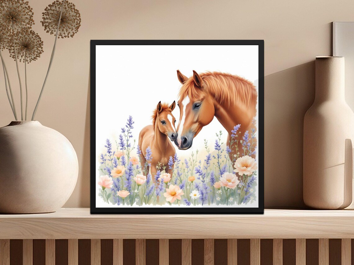 Horse and Foal Nuzzling in Wildflowers Watercolor Nursery Poster - Image 3