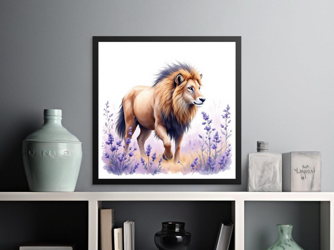 Majestic Lion Striding Through Lavender Watercolor Nature Poster - Image 2