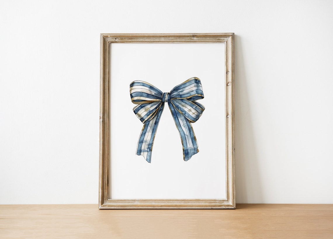 Blue White Striped Ribbon Bow Gold Trim Watercolor Classic Poster