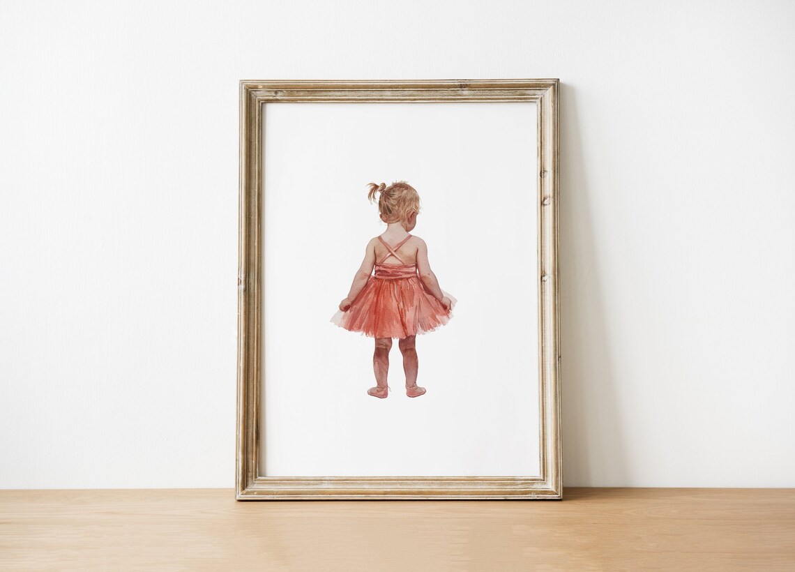 Little Ballerina Coral Tutu From Behind Watercolor Art Poster