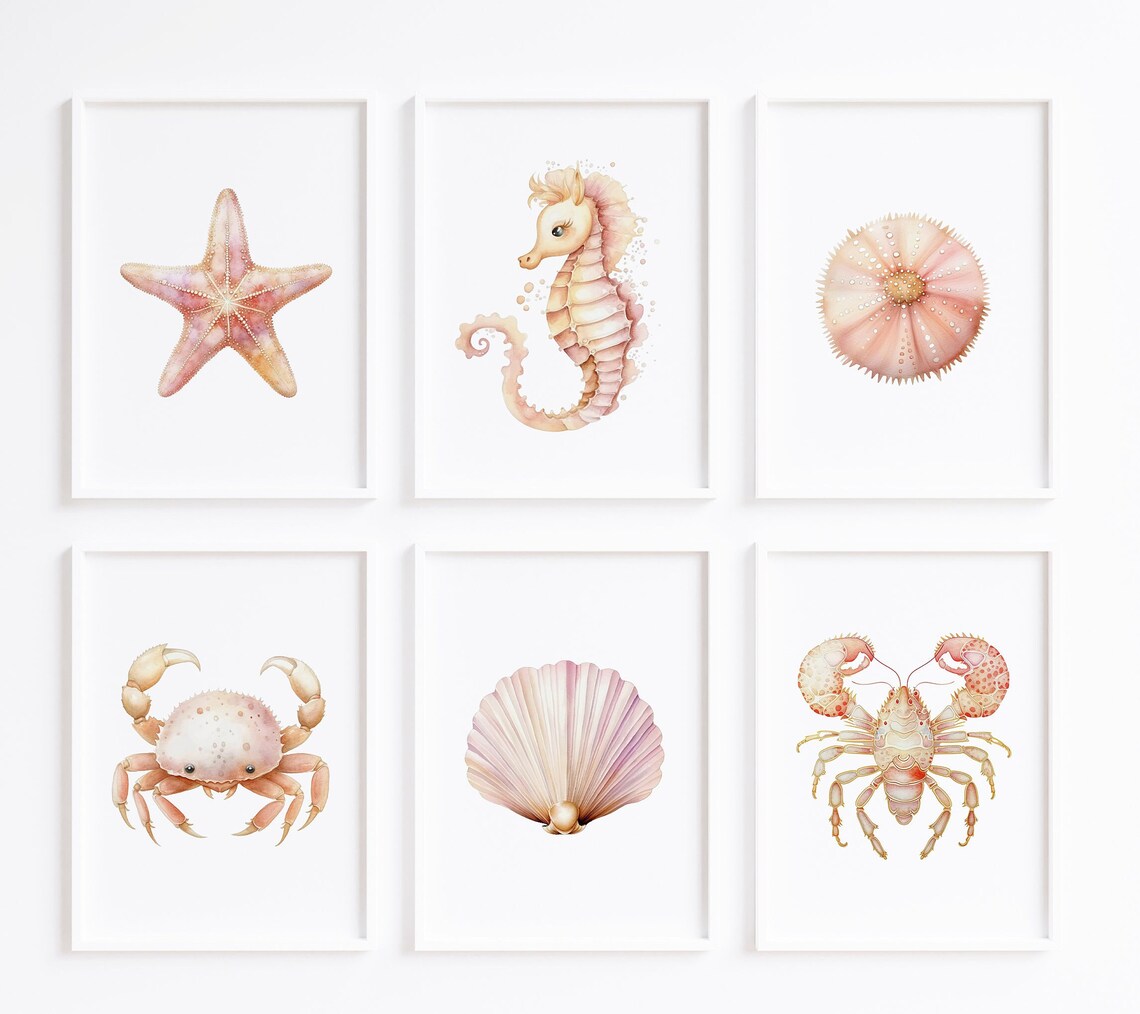 Set Of 6 Blush Pink Sea Creature Watercolor Ocean Prints Poster