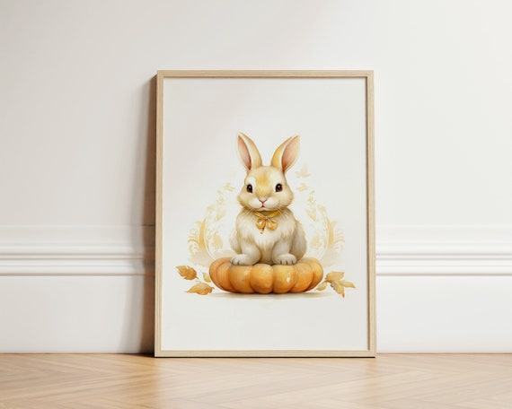 Fall Rabbit Sitting On Pumpkin Halloween Wall Art Kids Decor Nursery Gift For