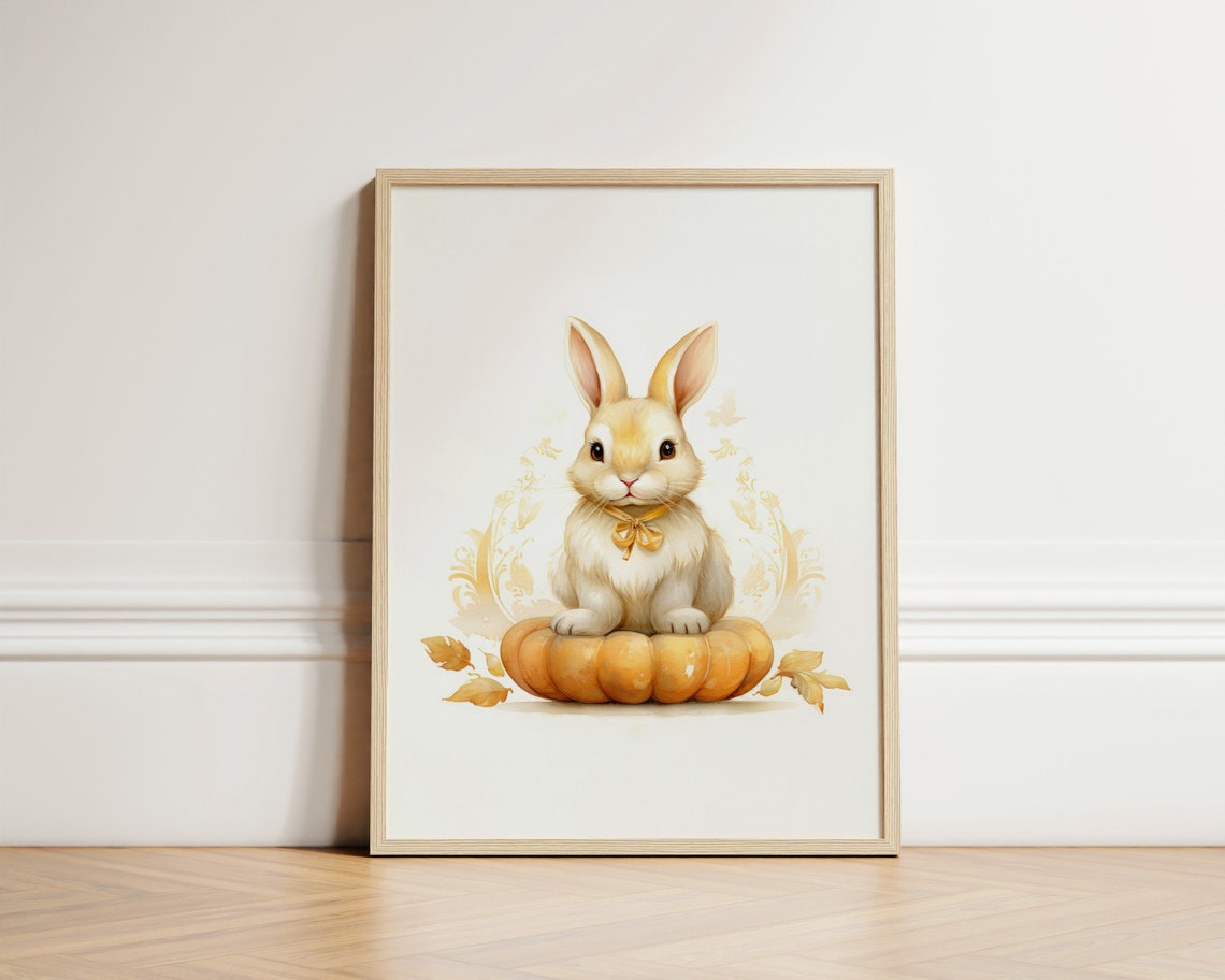 Fall Rabbit Sitting On Pumpkin Halloween Wall Art Kids Decor Nursery Gift For