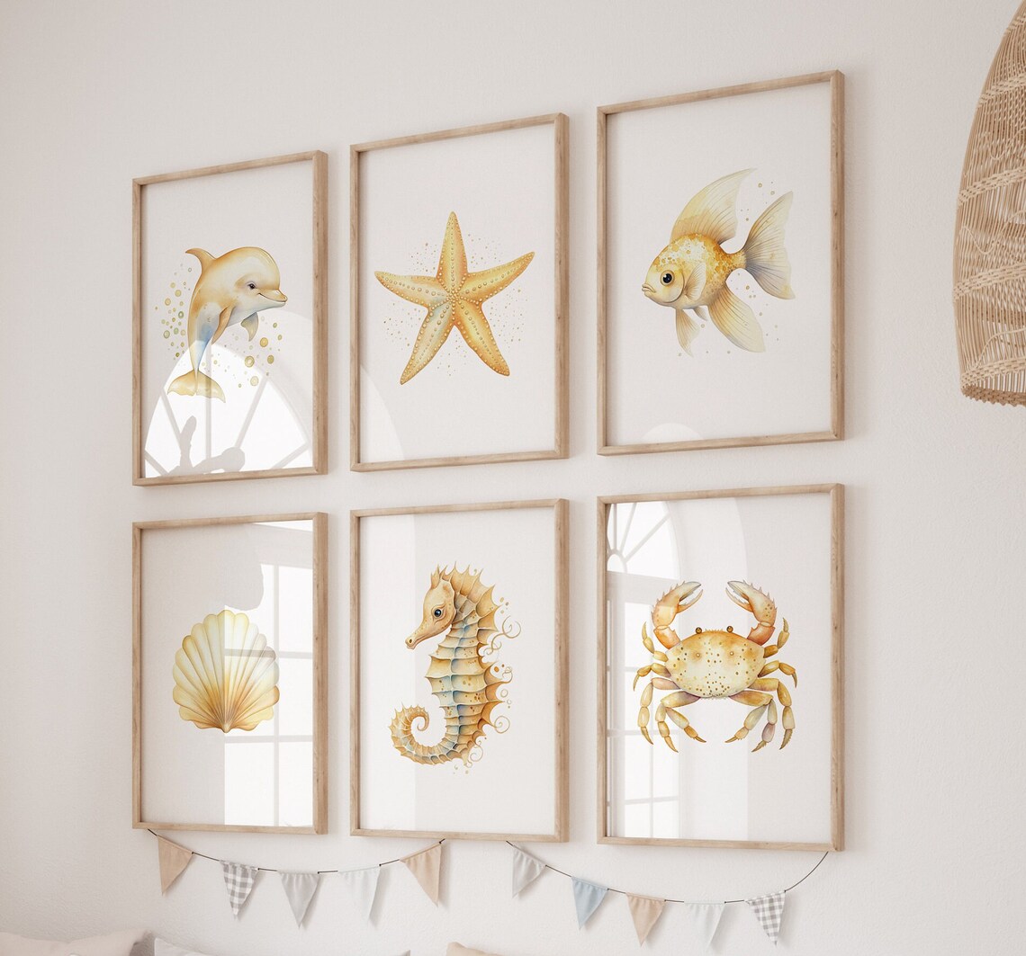 Golden Ocean Animal Watercolor Print Set of Six Sea Creatures for Nursery
