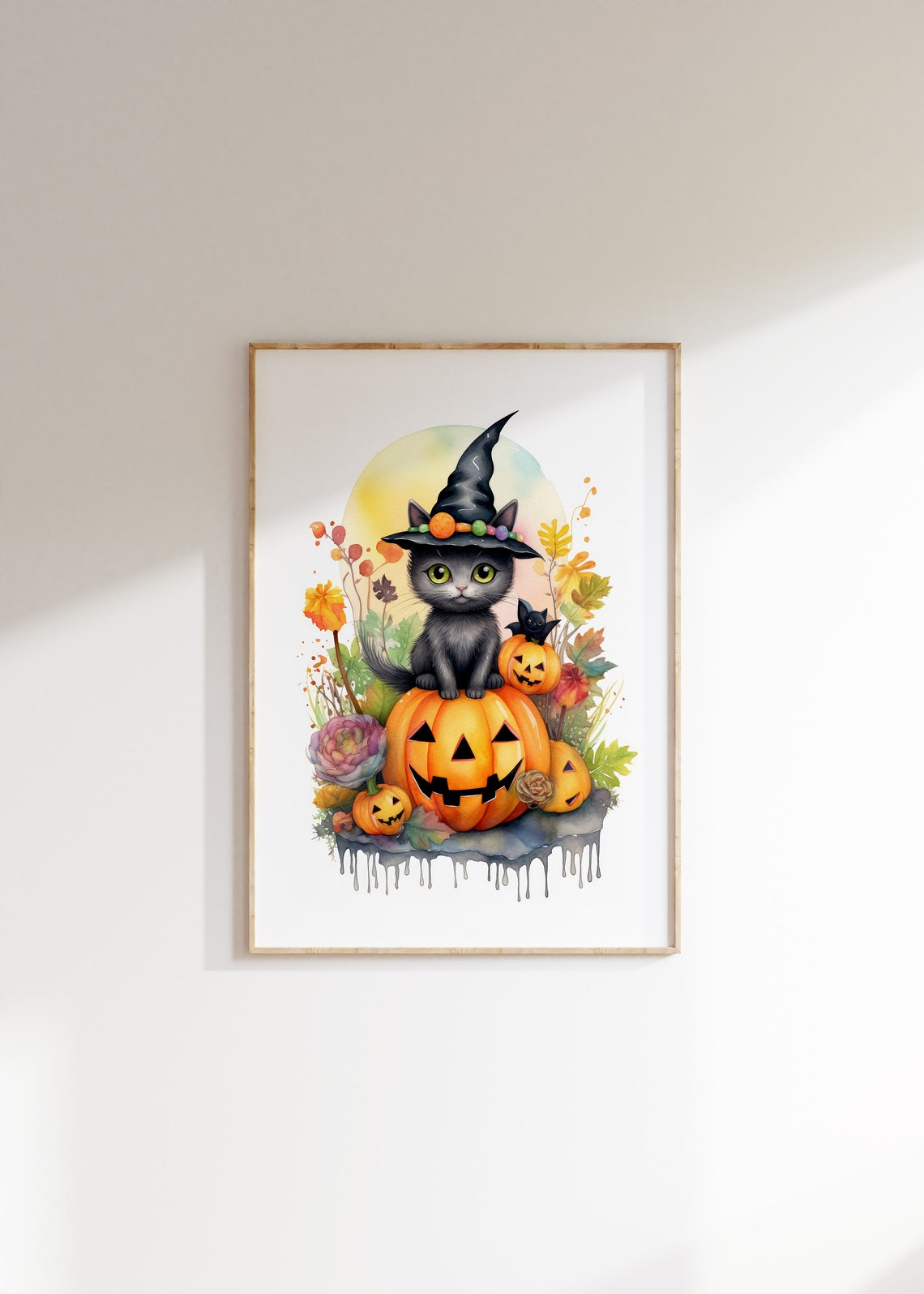 Halloween Kitten In Witch Hat On A Pumpkin Wall Art Kids Decor Playroom Room Gift For